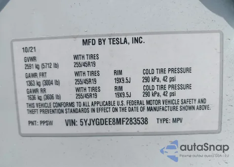 2021 Tesla Model Y Long Range Dual Motor All-Wheel Drive from USA, damaged, VIN 5YJYGDEE8MF283538